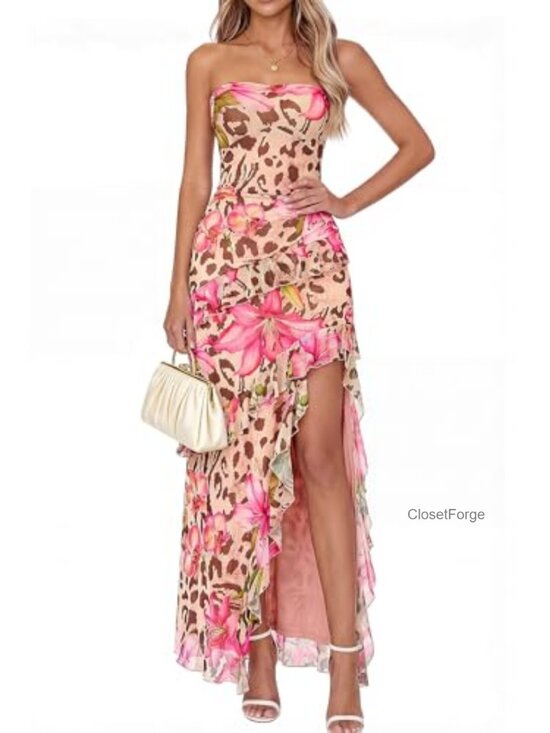 Dresses & Skirts - Off Shoulder Strapless Ruffle Hem Maxi Dress with High Slit